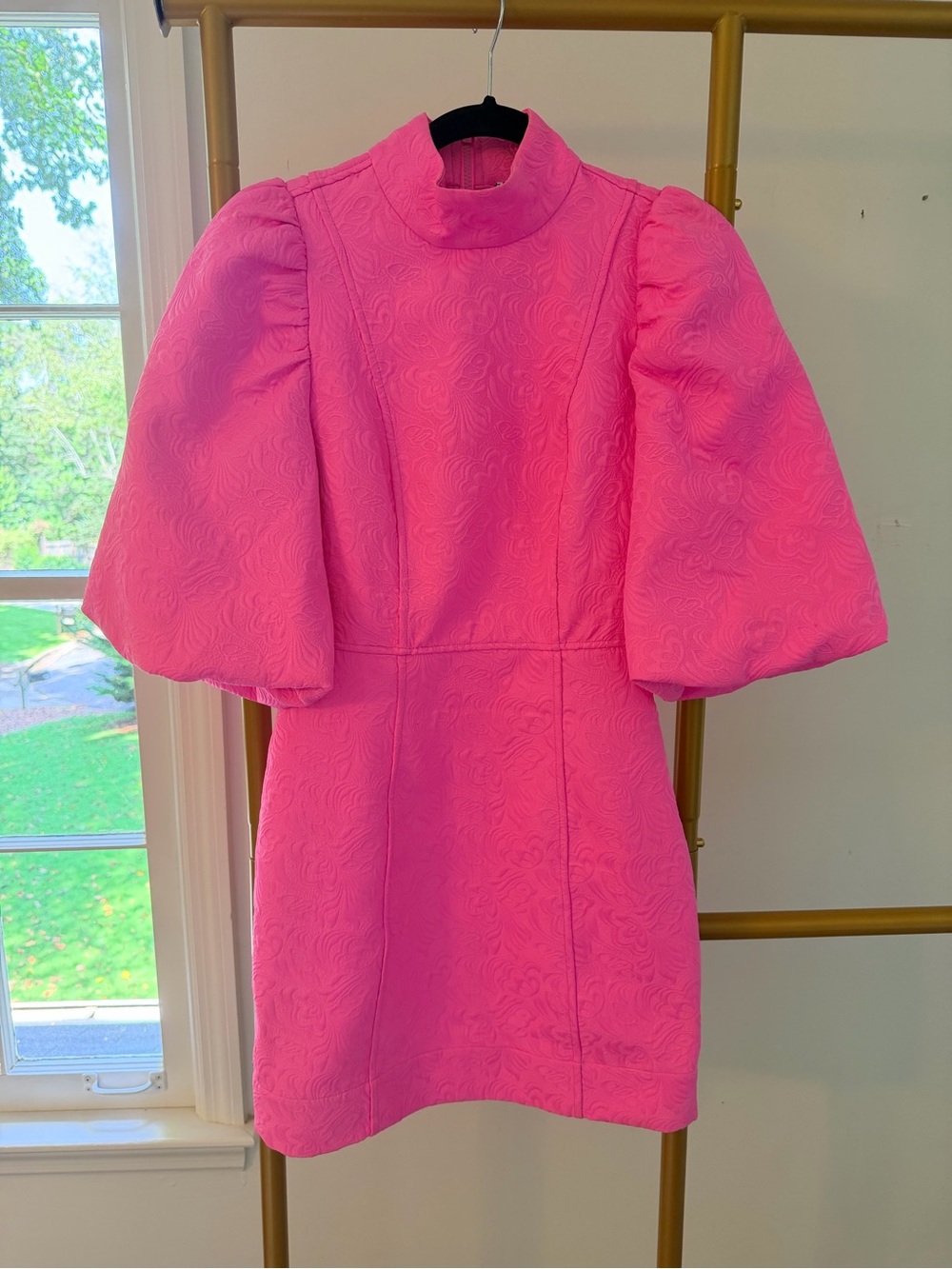 Textured Pink Mini Dress with Puff Sleeves